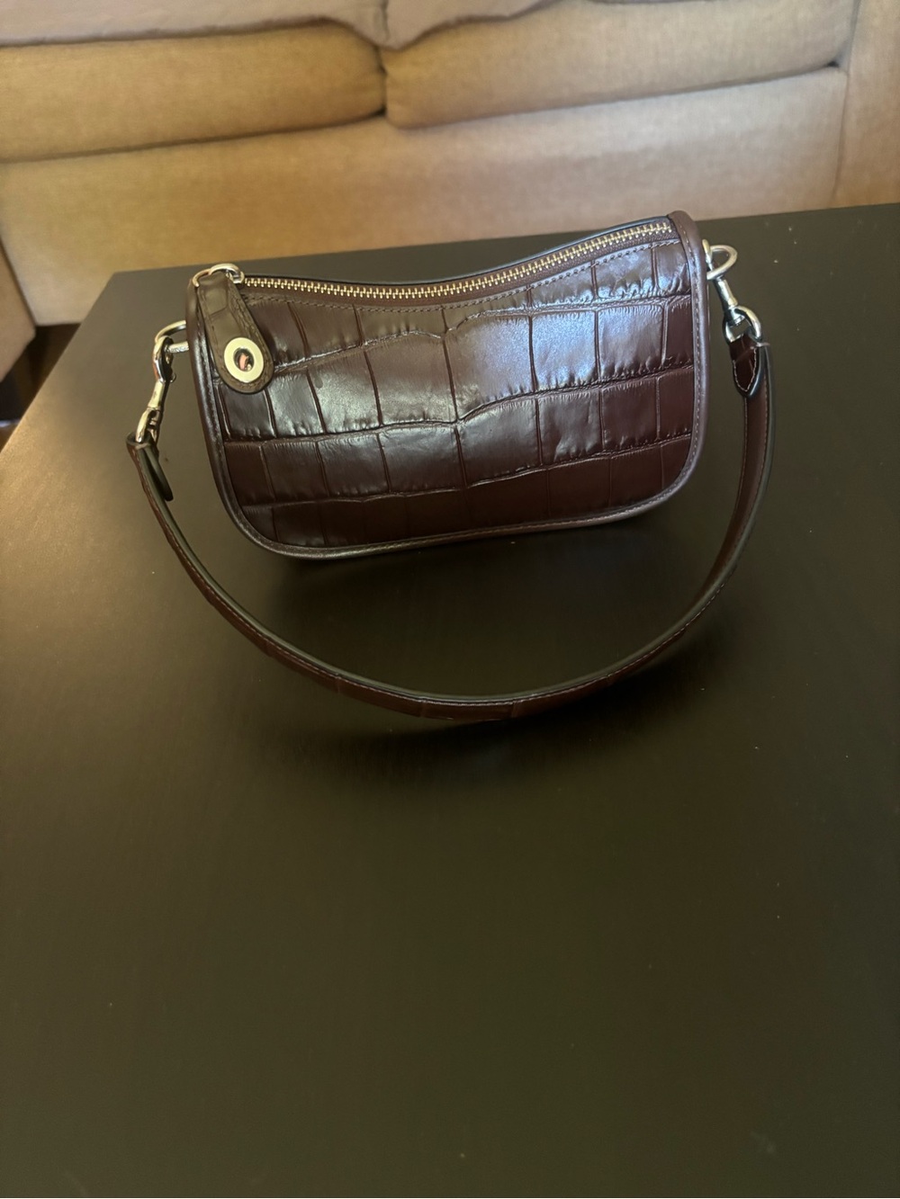 Brown Croc-Embossed Leather Shoulder Bag